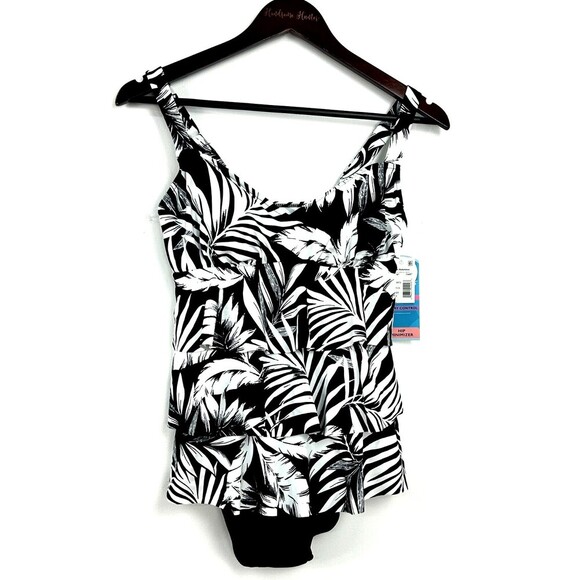 Swim Solutions Feather Bloom Black White Triple Tier One Piece Swimsuit Sz 8 - Picture 4 of 12